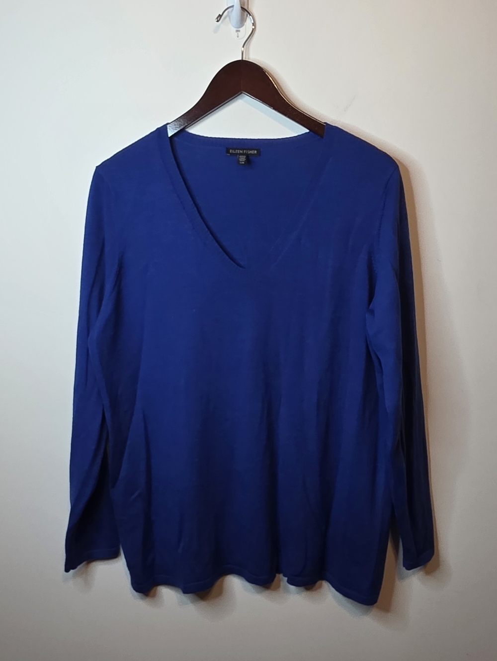 Eileen Fisher Blue Merino Wool V-Neck Tunic Sweater Quiet Luxury Size Large